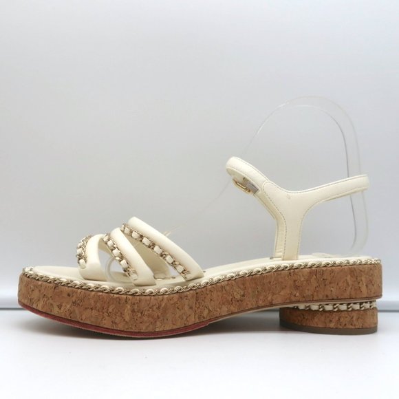 CHANEL CORK PLATFORM SANDALS CREAM CHAIN-TRIM LEATHER SIZE 37.5 CC ANKLE STRAP - Picture 7 of 12